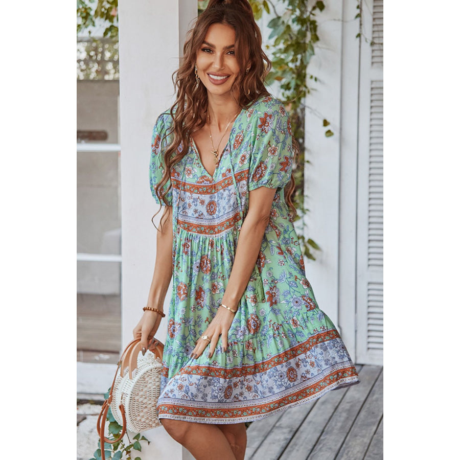 Tie Neck Short Sleeve Mini Dress