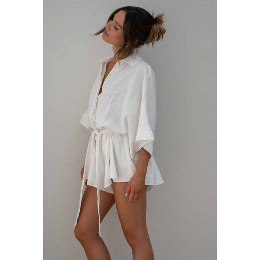 Tied Button Up Collared Neck Romper Apparel and Accessories