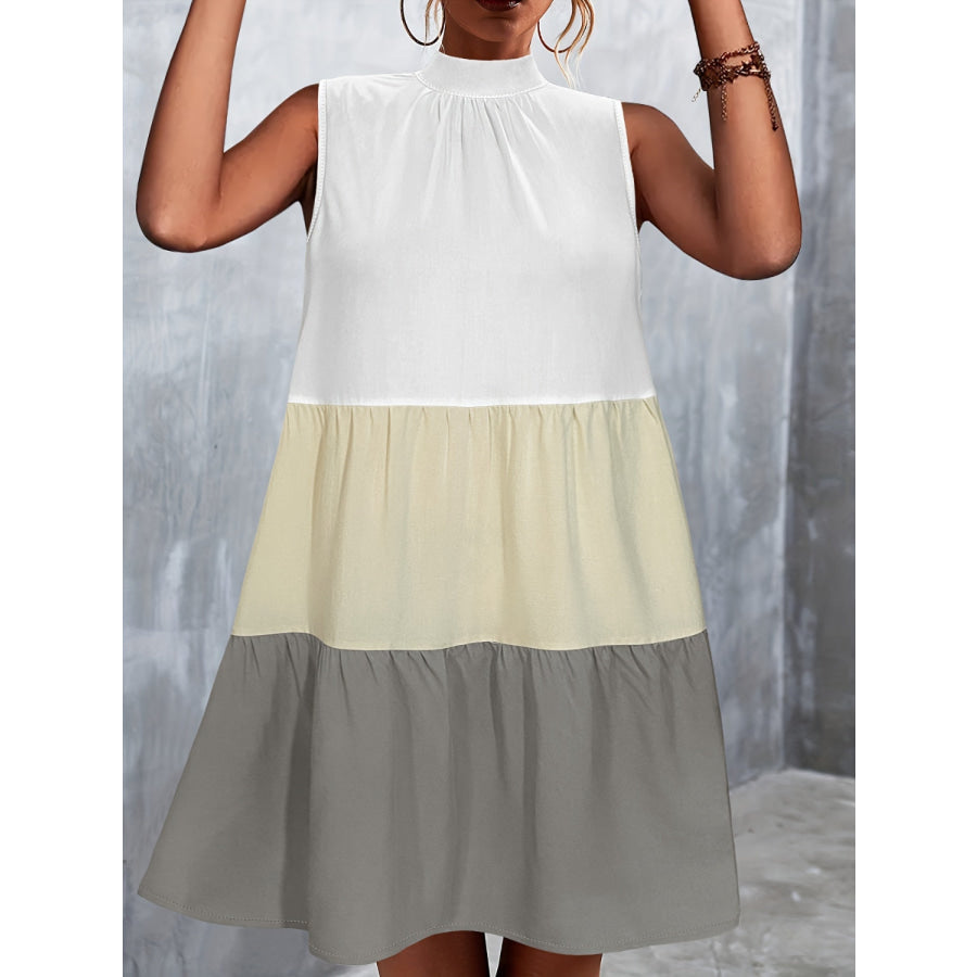 Tied Color Block Mock Neck Sleeveless Dress Pastel Yellow / S Apparel and Accessories