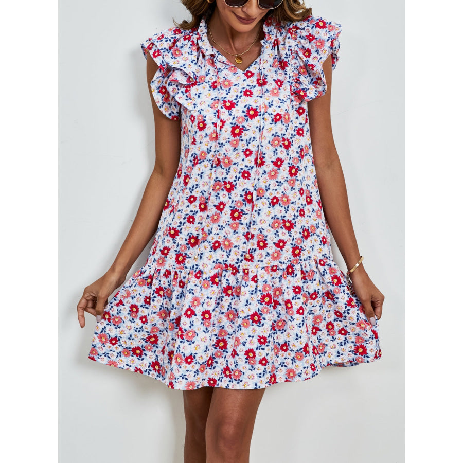 Tied Floral Cap Sleeve Mini Dress Brick Red / S Apparel and Accessories