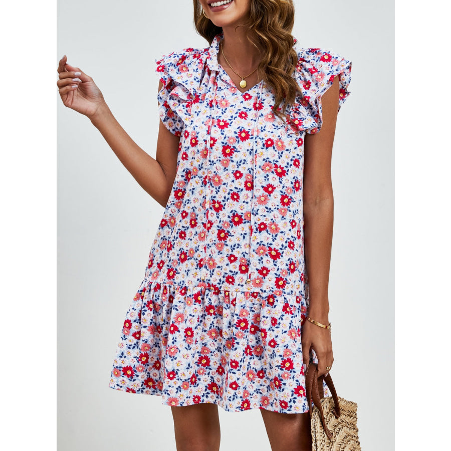 Tied Floral Cap Sleeve Mini Dress Brick Red / S Apparel and Accessories