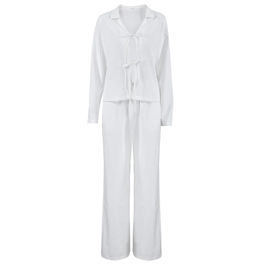 Tied Johnny Collar Long Sleeve Top and Pants Set Apparel and Accessories
