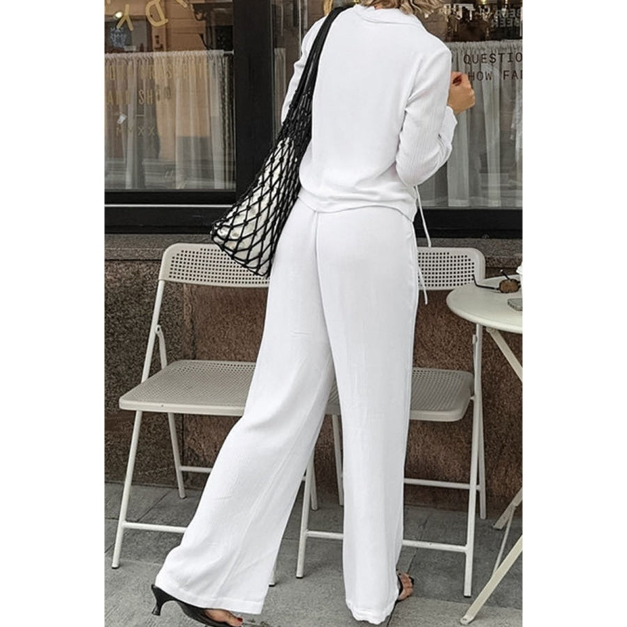 Tied Johnny Collar Long Sleeve Top and Pants Set White / S Apparel and Accessories