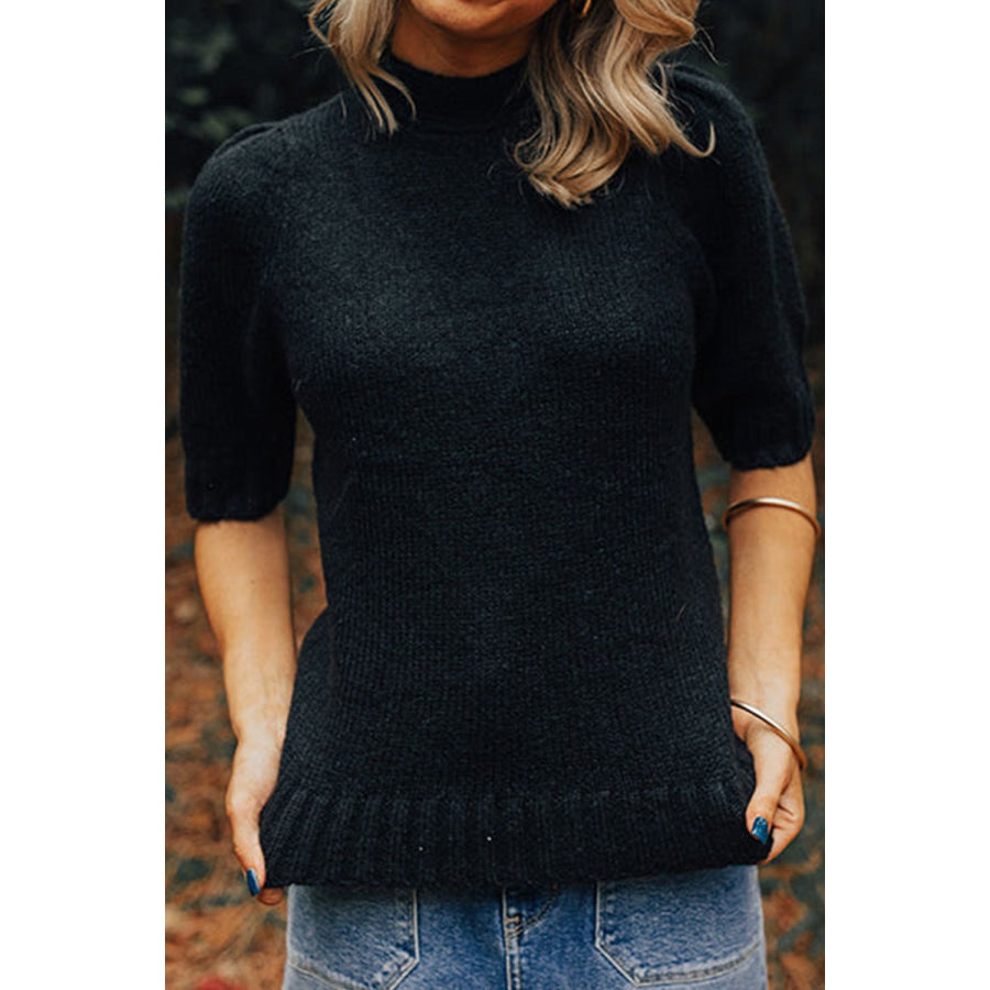 Tied Mock Neck Short Sleeve Sweater Black / S Apparel and Accessories