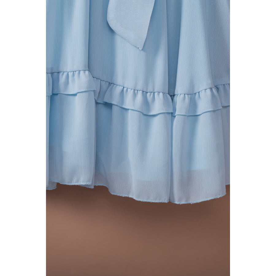 Tied Plunge Smocked Waist Flounce Sleeve Dress