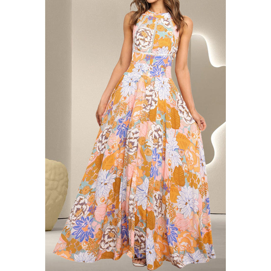 Tied Printed Grecian Sleeveless Maxi Dress Floral / S Apparel and Accessories