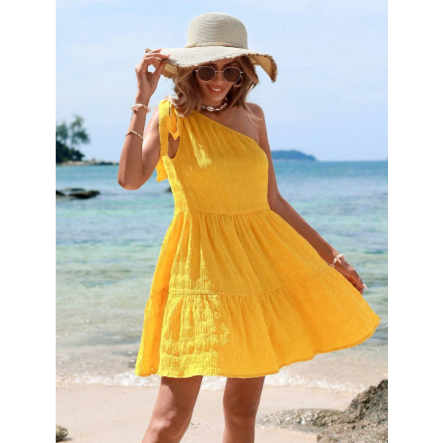 Tied Single Shoulder Mini Dress Yellow / S Apparel and Accessories