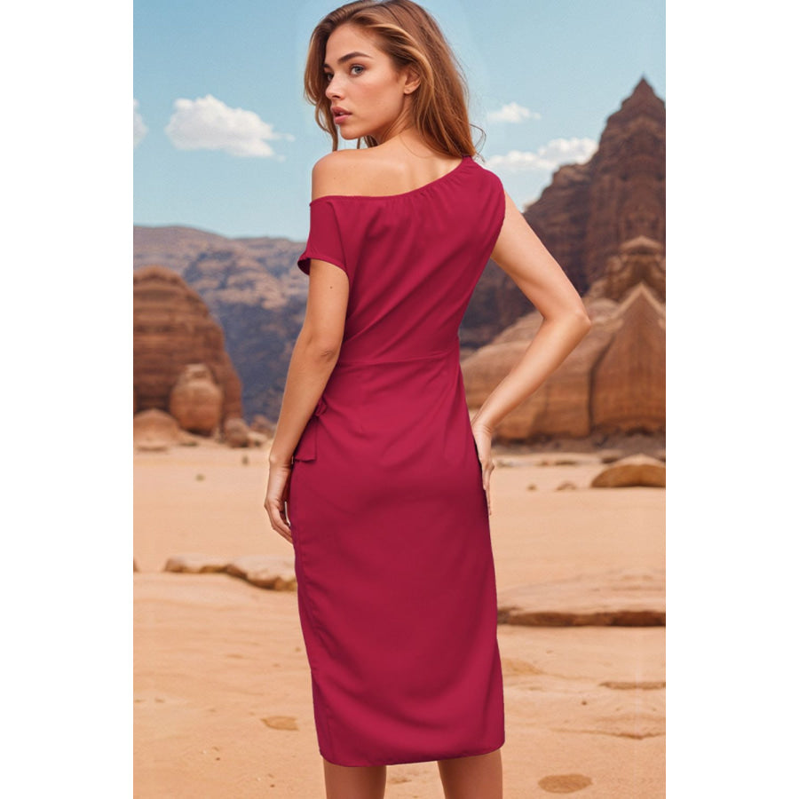 Tied Single Shoulder Short Sleeve Dress Deep Red / S Apparel and Accessories