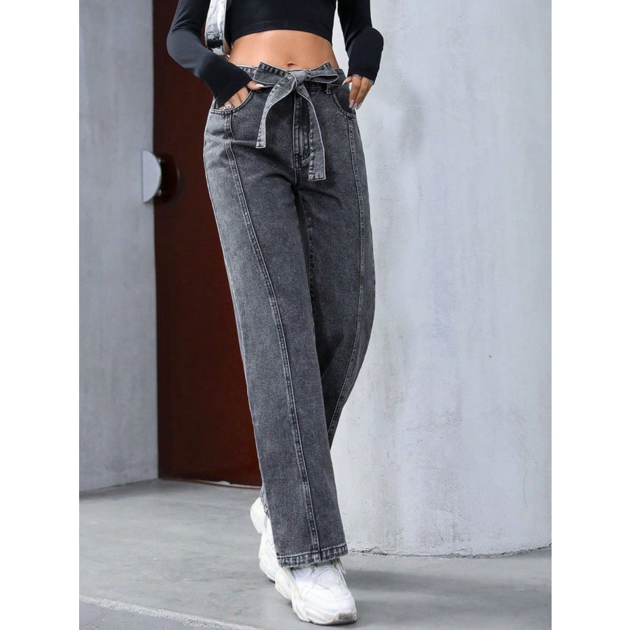 Tied Straight Leg Jeans with Pockets Apparel and Accessories