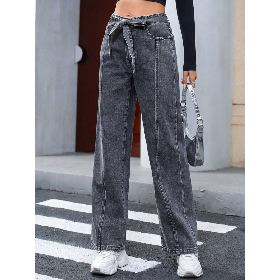 Tied Straight Leg Jeans with Pockets Apparel and Accessories