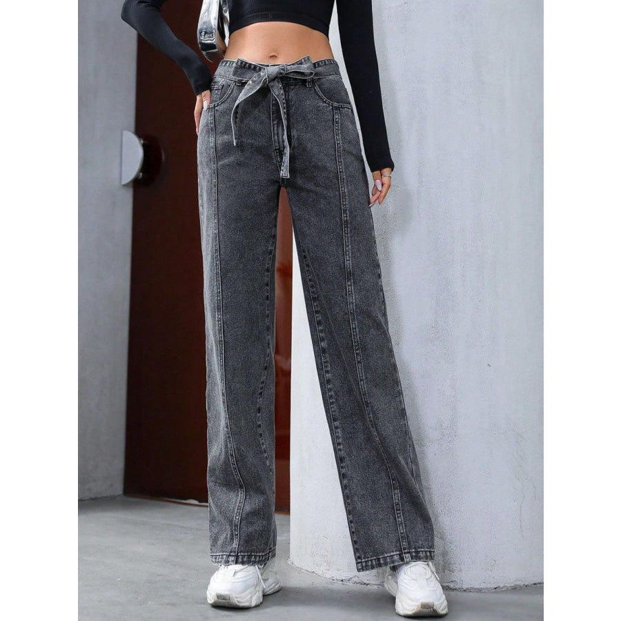 Tied Straight Leg Jeans with Pockets Apparel and Accessories