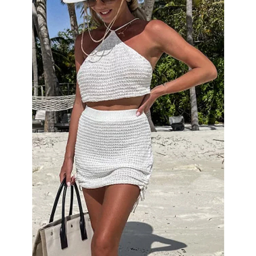 Tied Top and Drawstring Mini Skirt Set White / S Apparel and Accessories