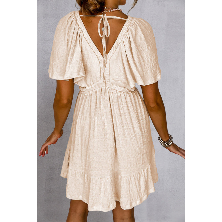 Tied V-Neck Short Sleeve Mini Dress Ivory / S Apparel and Accessories