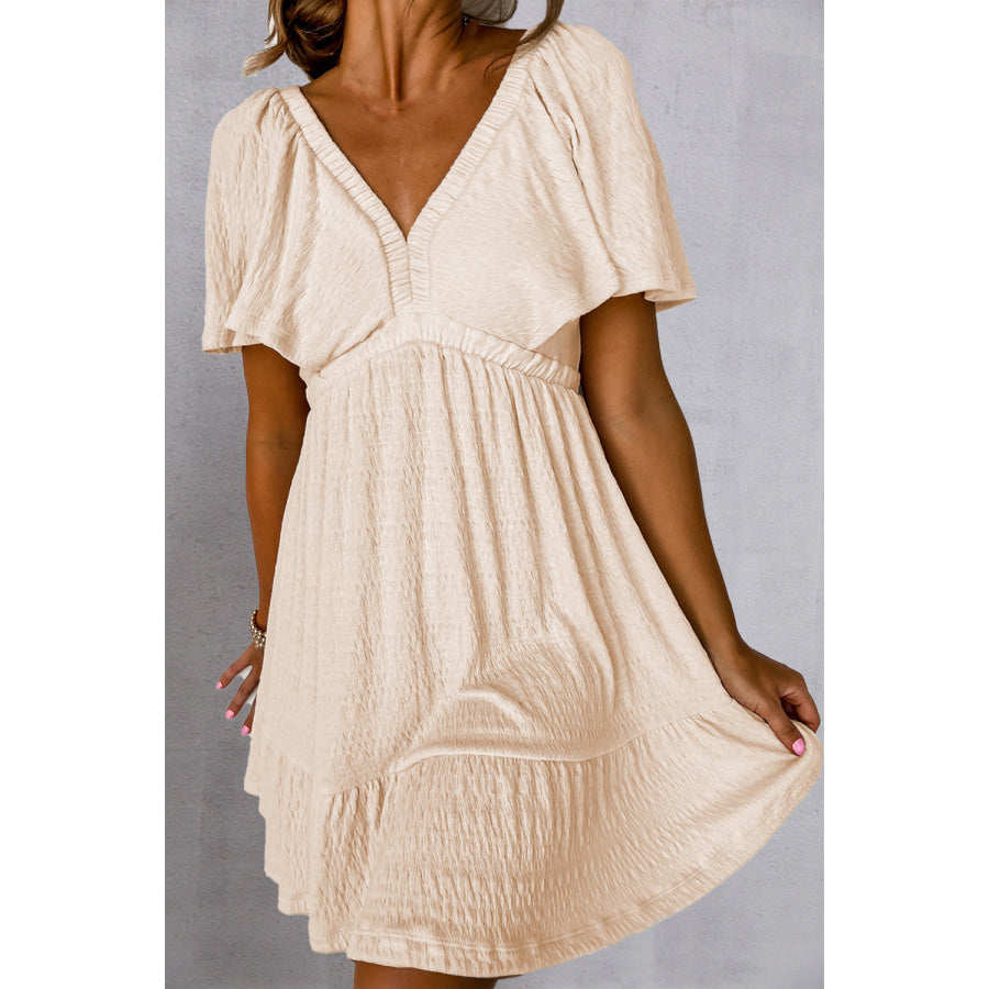 Tied V-Neck Short Sleeve Mini Dress Ivory / S Apparel and Accessories
