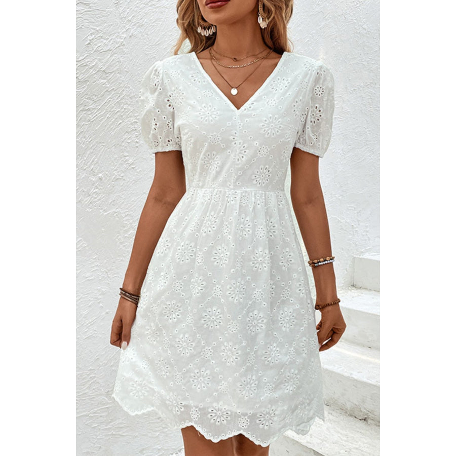 Tied V-Neck Short Sleeve Mini Dress White / S Apparel and Accessories