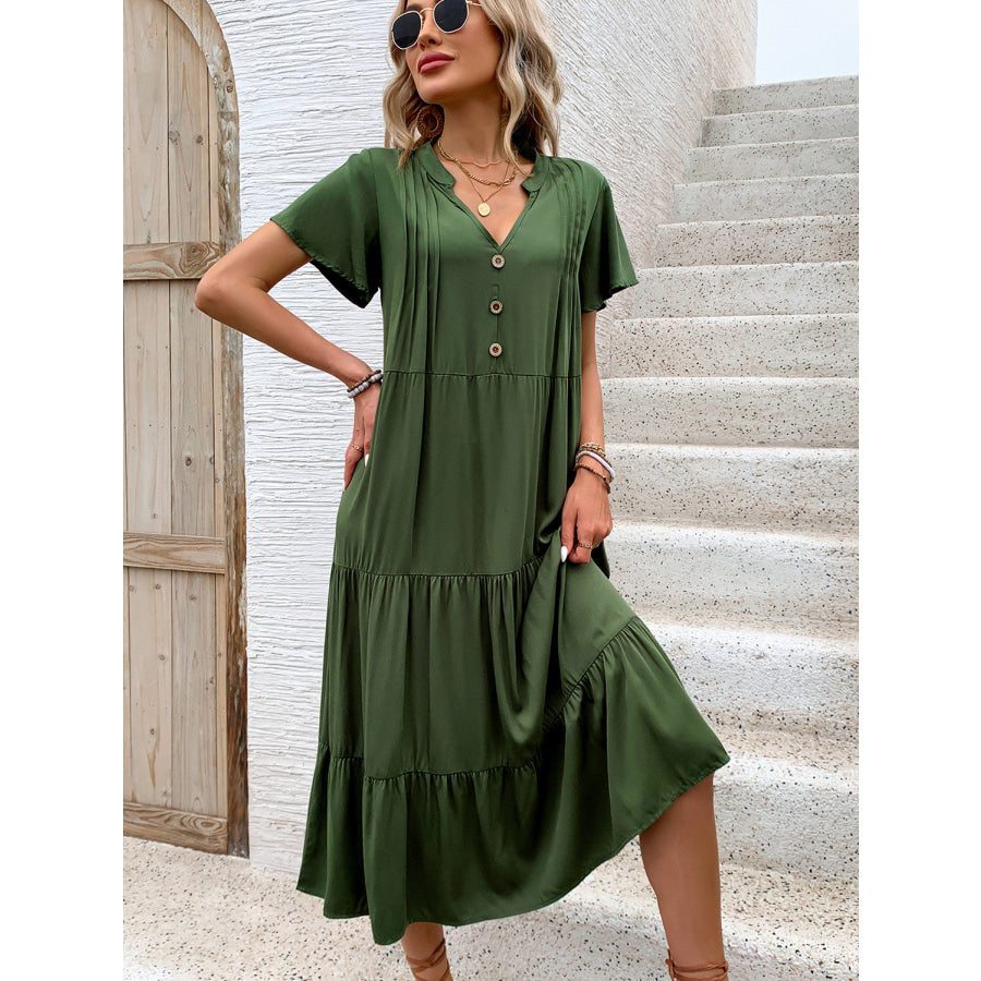 Tiered Notched Short Sleeve Midi Dress Dark Green / S Apparel and Accessories