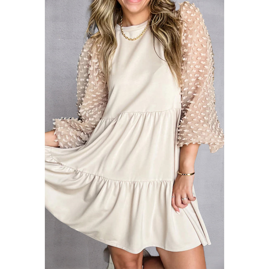 Tiered Round Neck Balloon Sleeve Mini Dress Ivory / S Apparel and Accessories