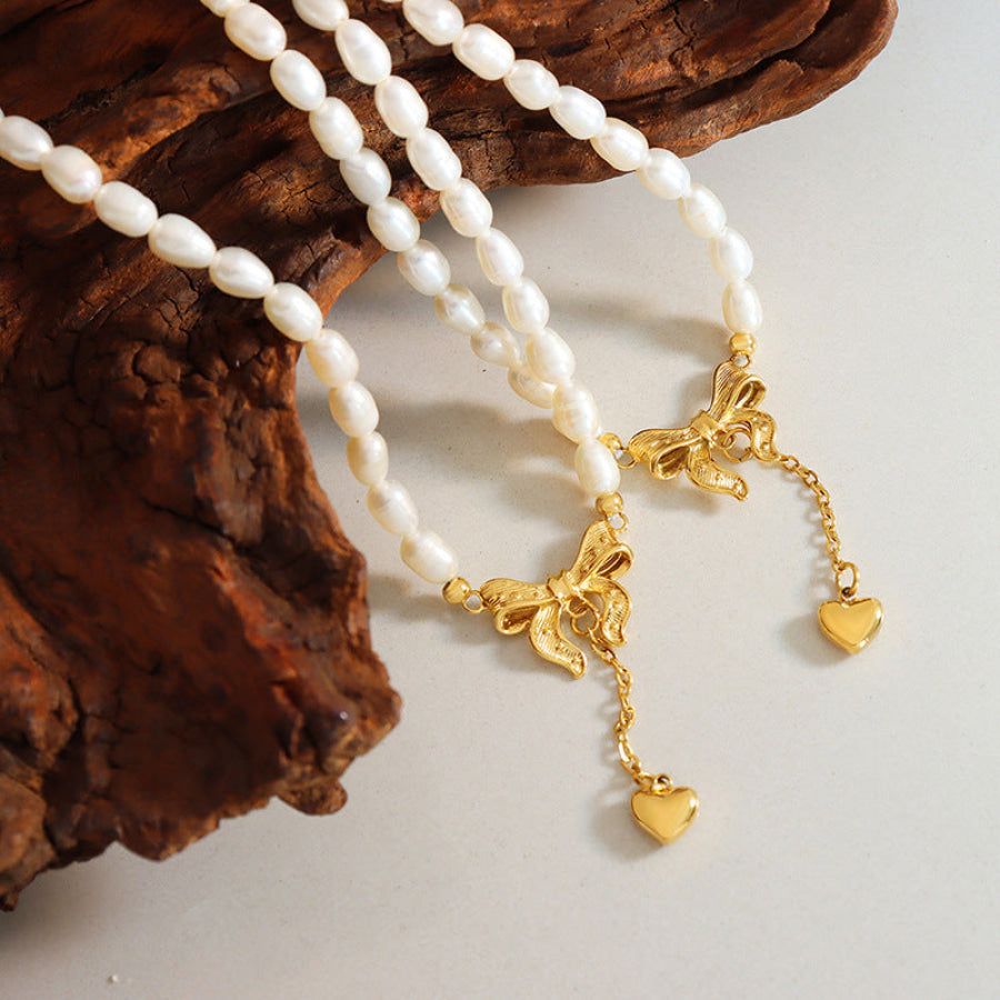 Titanium Steel Freshwater Pearl Heart Necklace Gold / One Size Apparel and Accessories