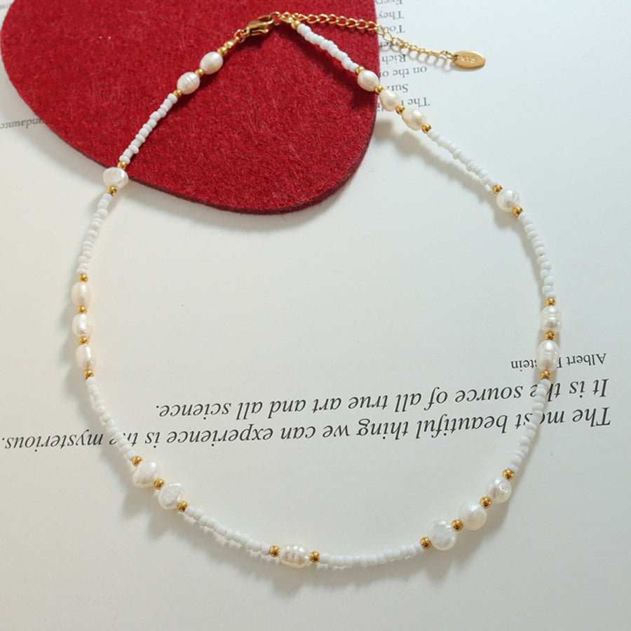 Titanium Steel Glass Bead Pearl Necklace White / One Size Apparel and Accessories