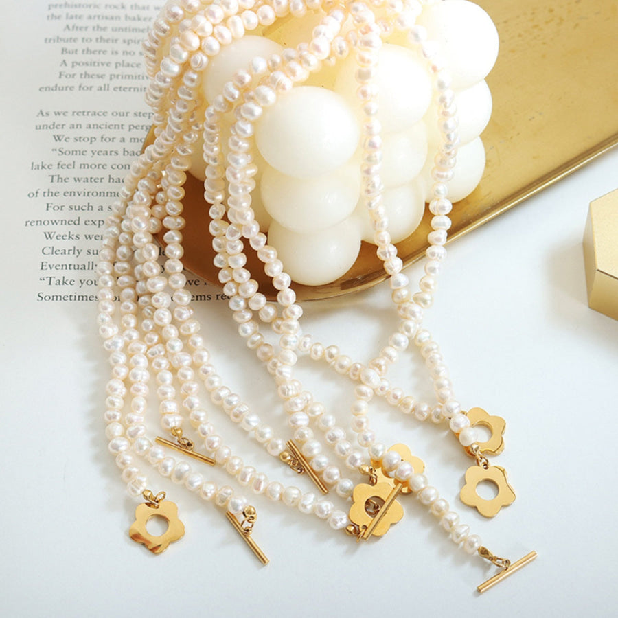 Titanium Steel Pearl Flower Necklace Gold / One Size Apparel and Accessories