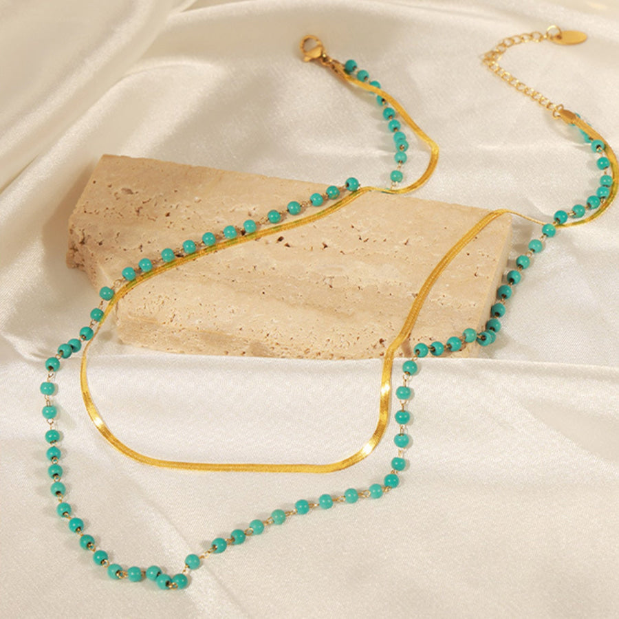 Turquoise Titanium Steel Double - Layered Necklace Gold / One Size Apparel and Accessories