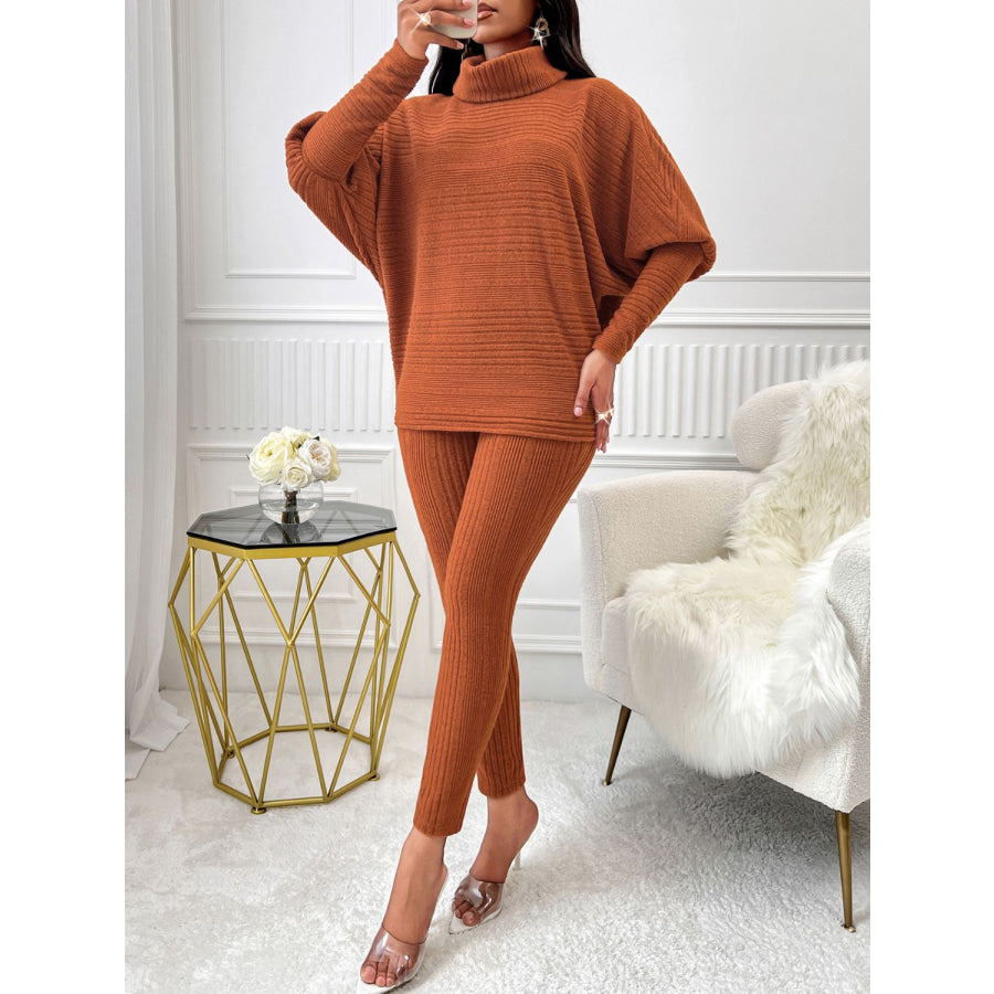 Turtleneck Batwing Sleeve Top and Pants Set Apparel and Accessories