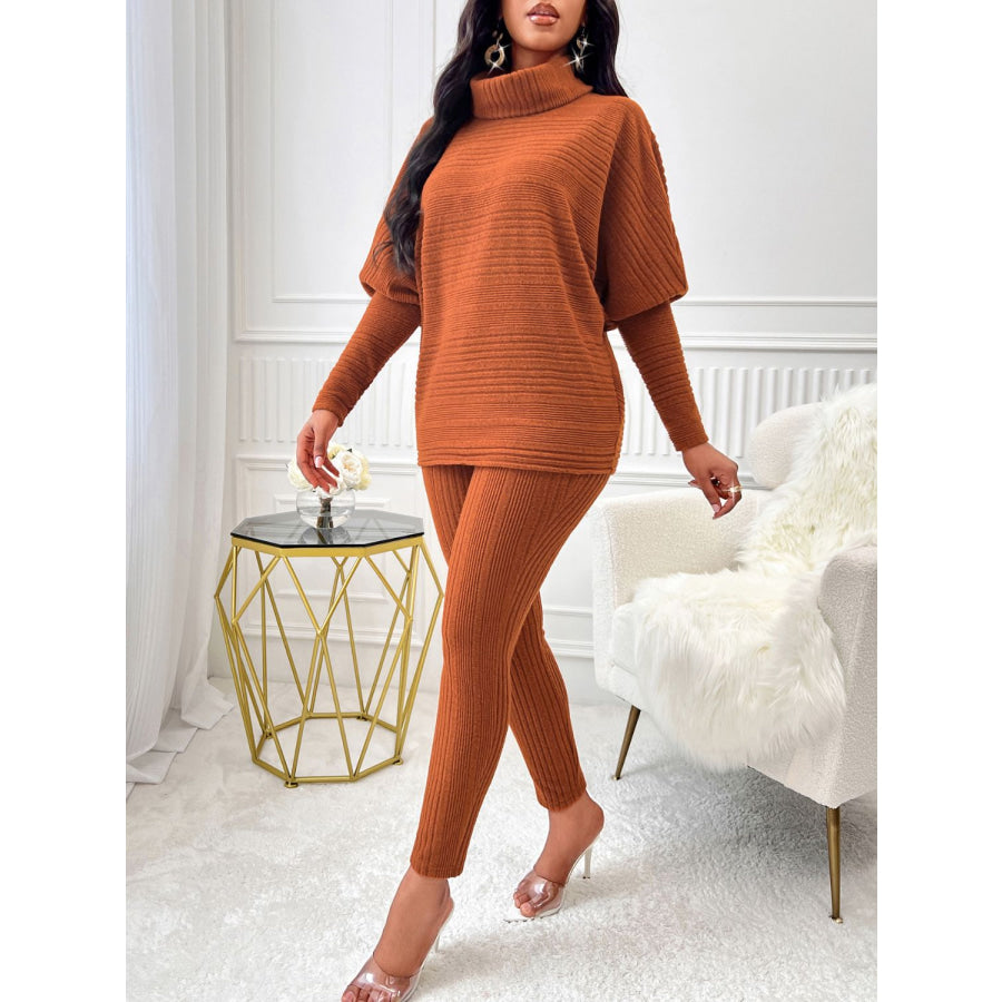 Turtleneck Batwing Sleeve Top and Pants Set Apparel and Accessories