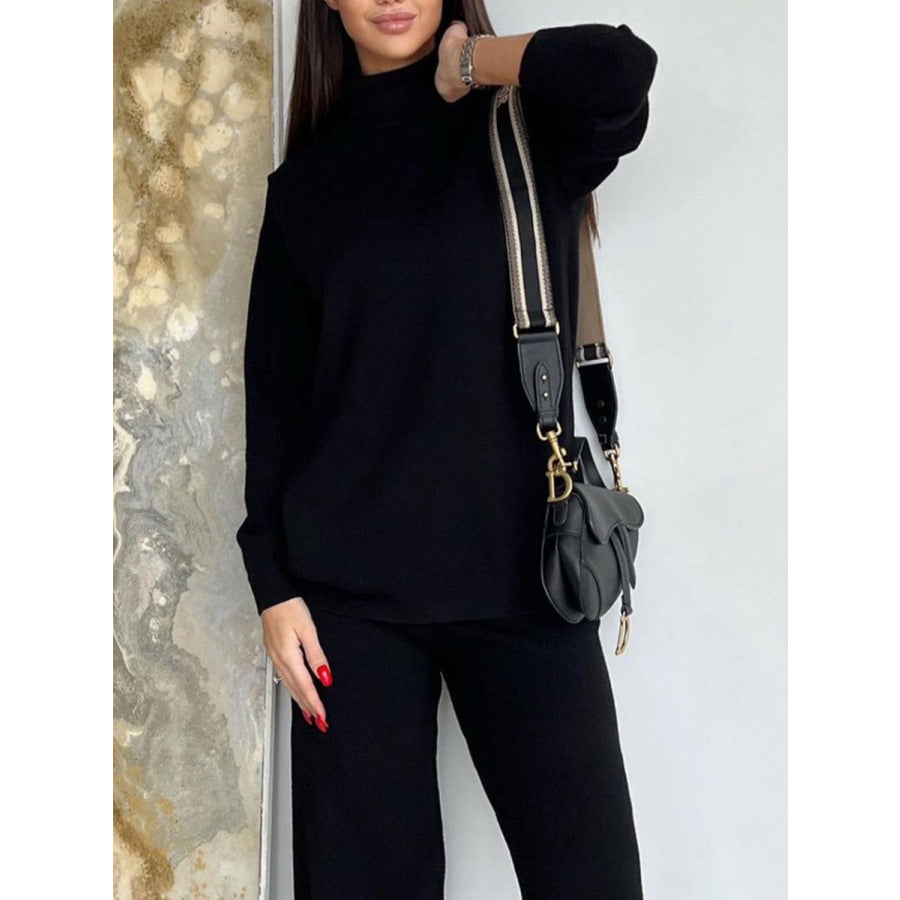 Turtleneck Long Sleeve Top and Drawstring Pants Sweater Set Black / One Size Apparel and Accessories