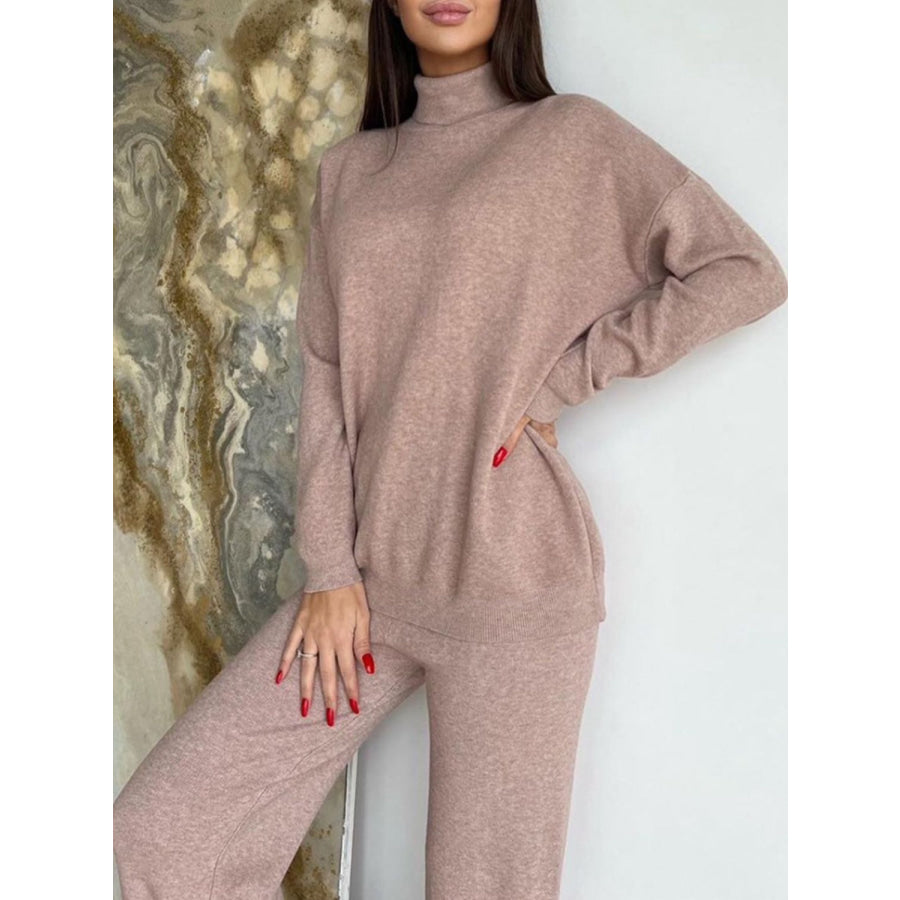 Turtleneck Long Sleeve Top and Drawstring Pants Sweater Set Taupe / One Size Apparel and Accessories