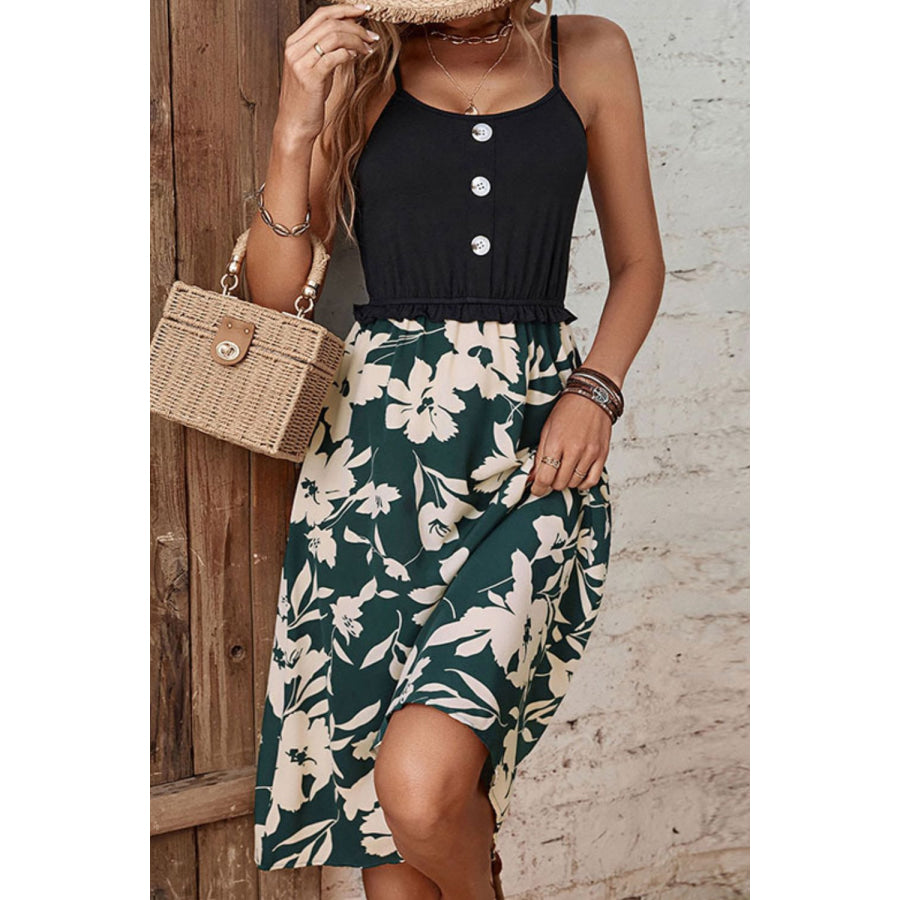 Two-Tone Decorative Button Frilled Dress