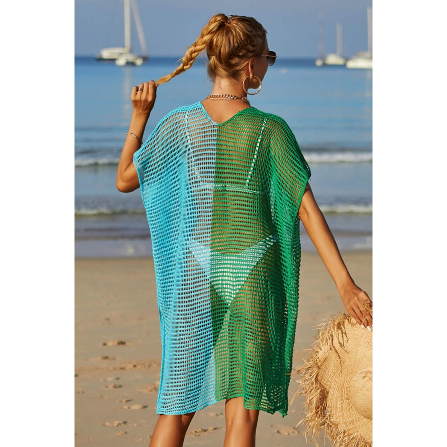 Two-Tone Side Slit Open Front Cover Up Mid Green / One Size
