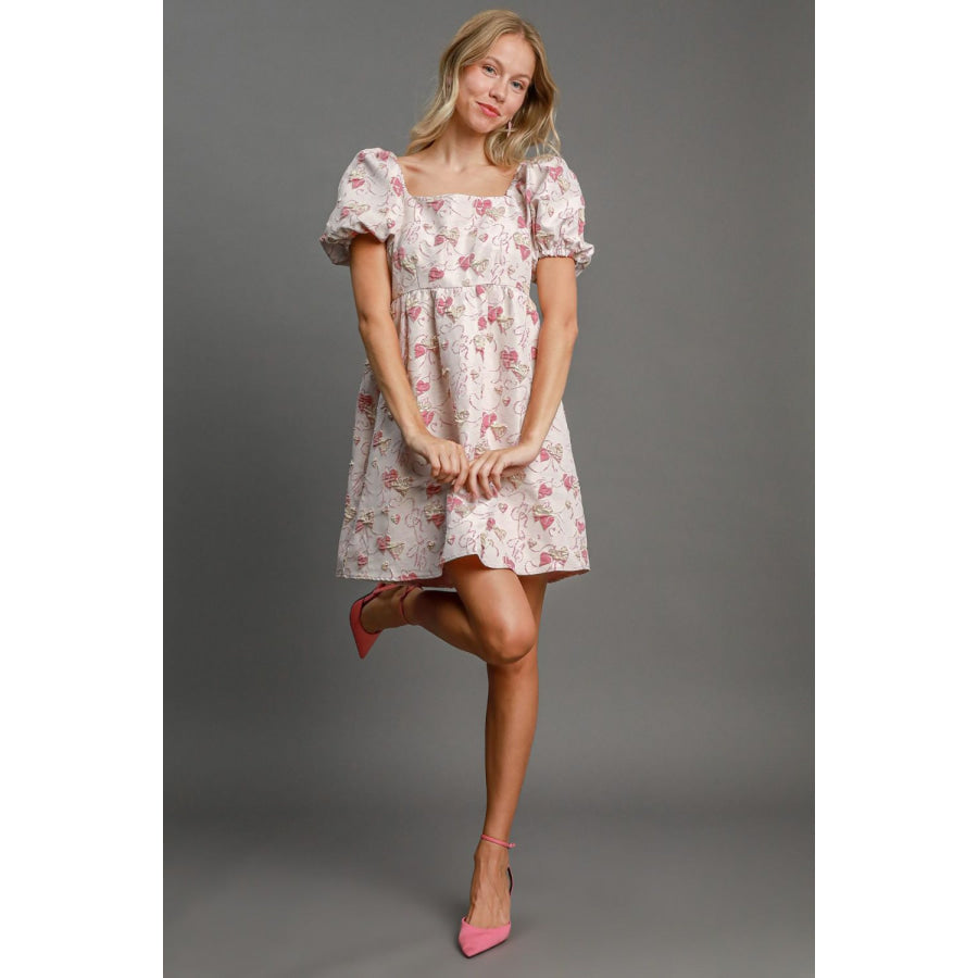 Umgee Heart Jacquard Square Neck Puff Sleeve Mini Dress Pink / S Apparel and Accessories