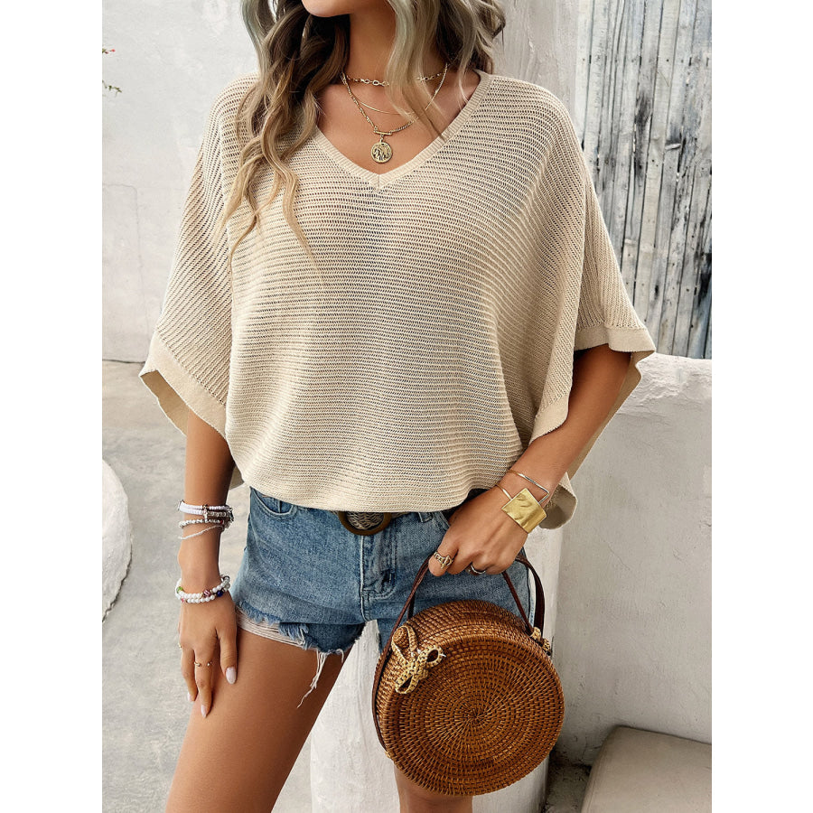 V-Neck Batwing Sleeve Knit Top Sand / S Apparel and Accessories
