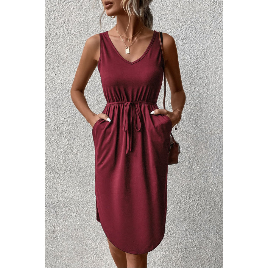 V-Neck Curved Hem Sleeveless Dress Wine / S