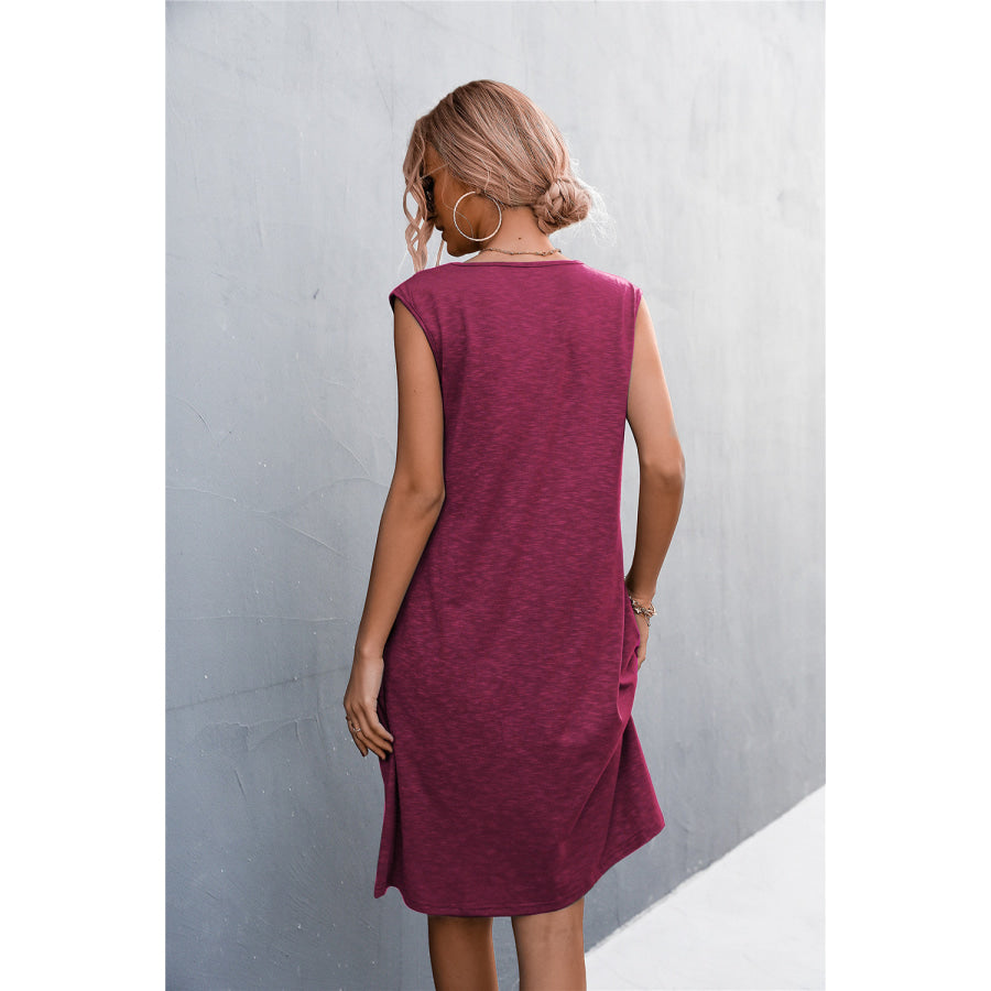 V-Neck Frill Trim Sleeveless Dress Magenta / S