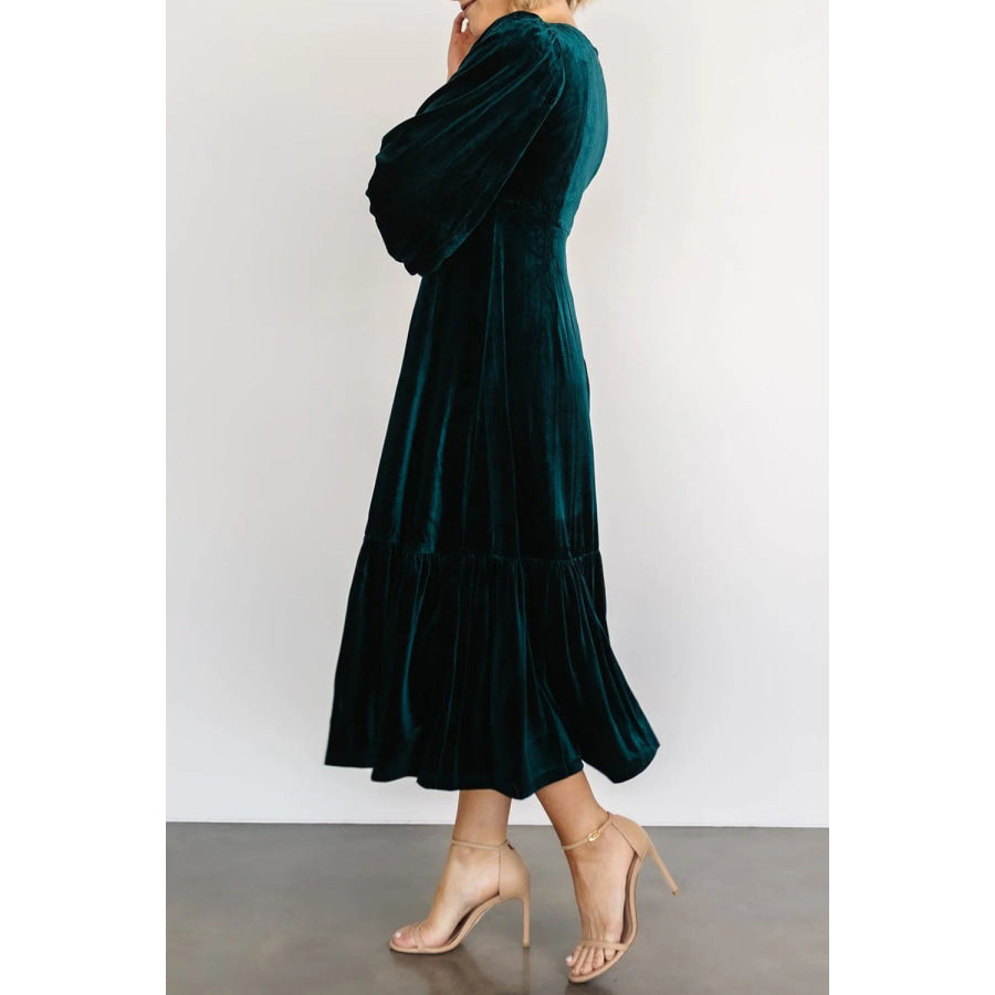 V-Neck Long Sleeve Midi Velvet Dress Apparel and Accessories
