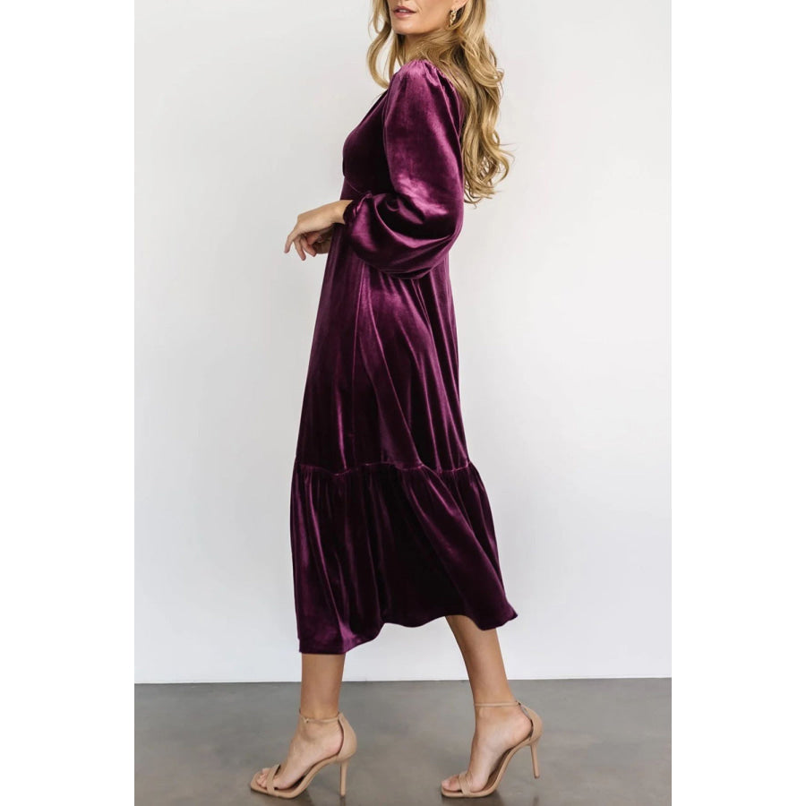 V-Neck Long Sleeve Midi Velvet Dress Apparel and Accessories
