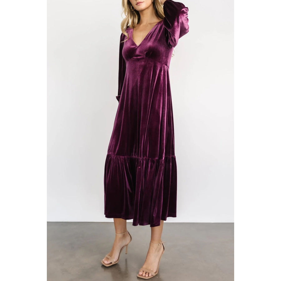 V-Neck Long Sleeve Midi Velvet Dress Apparel and Accessories