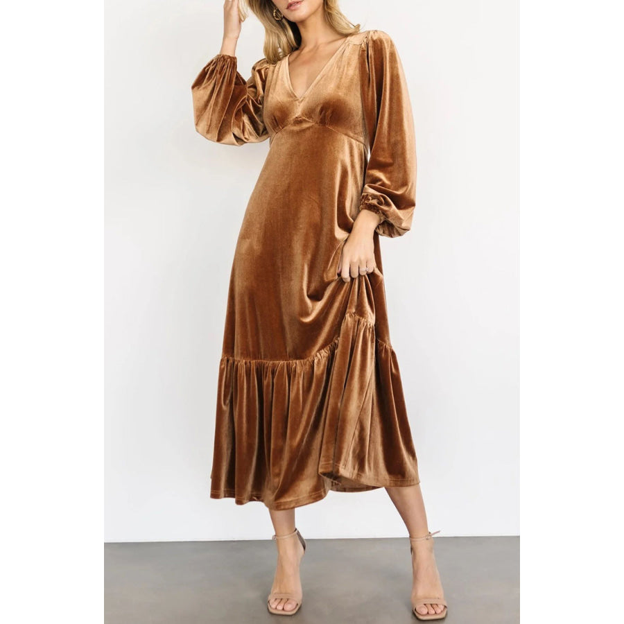 V-Neck Long Sleeve Midi Velvet Dress Apparel and Accessories