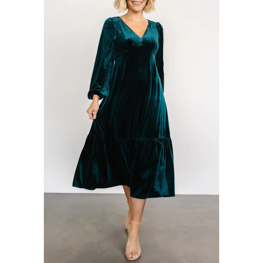 V-Neck Long Sleeve Midi Velvet Dress Apparel and Accessories
