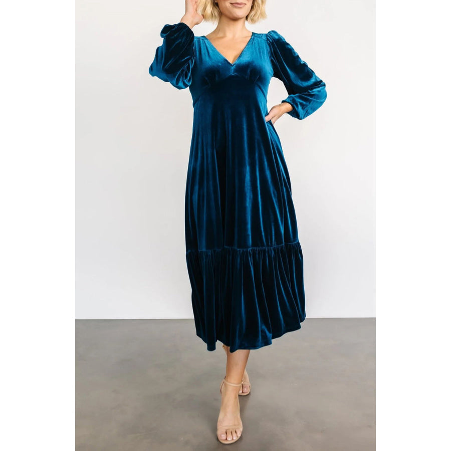V-Neck Long Sleeve Midi Velvet Dress Apparel and Accessories