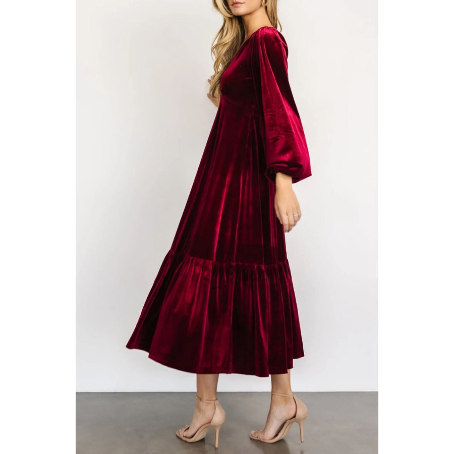 V-Neck Long Sleeve Midi Velvet Dress Apparel and Accessories