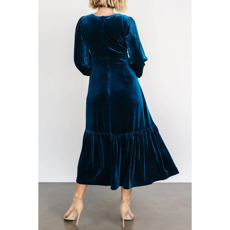 V-Neck Long Sleeve Midi Velvet Dress Apparel and Accessories
