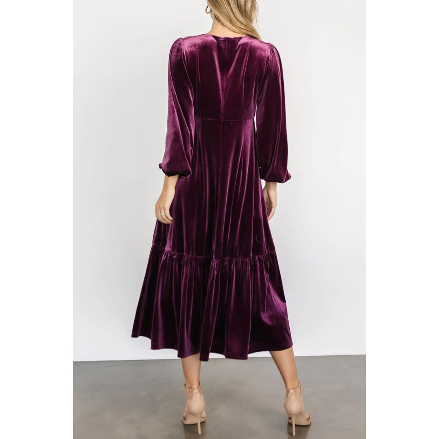 V-Neck Long Sleeve Midi Velvet Dress Apparel and Accessories