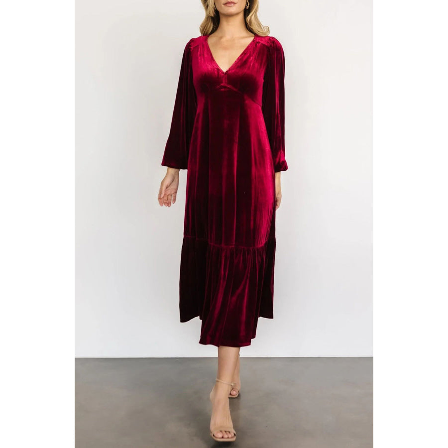 V-Neck Long Sleeve Midi Velvet Dress Apparel and Accessories