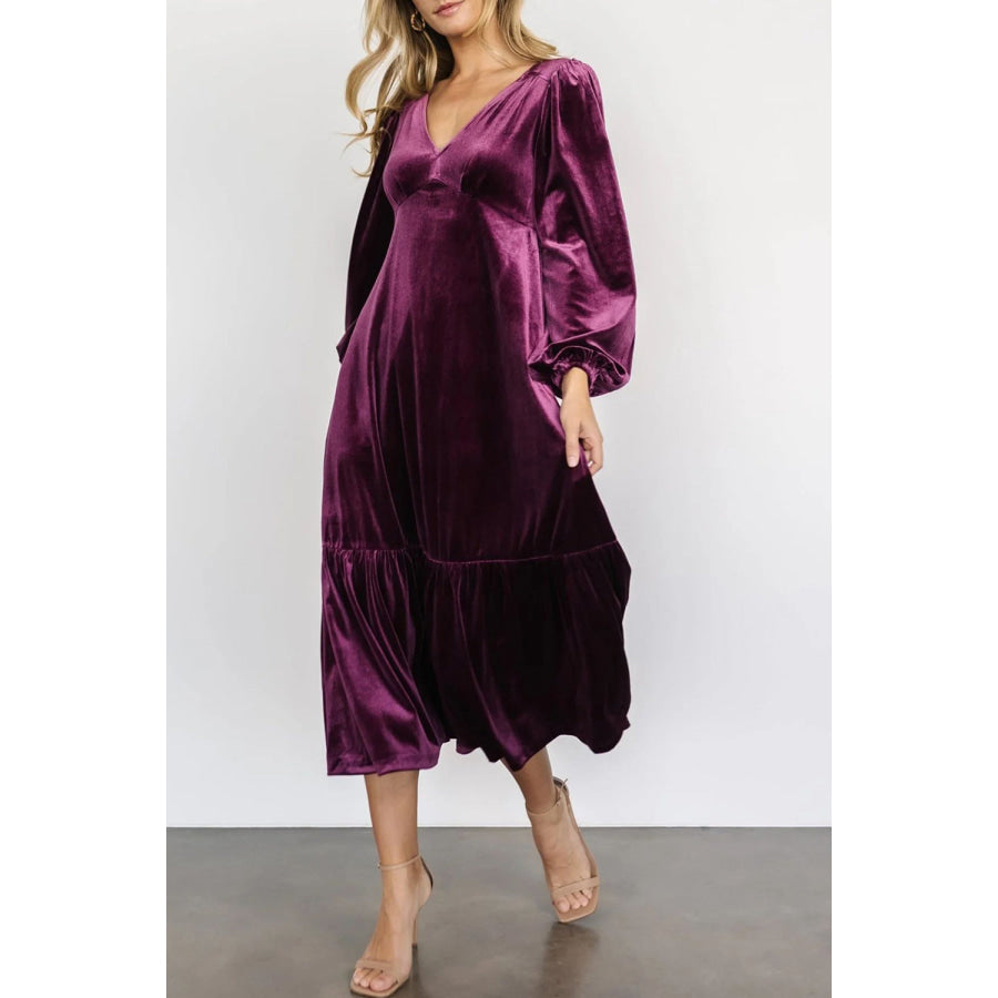 V-Neck Long Sleeve Midi Velvet Dress Apparel and Accessories