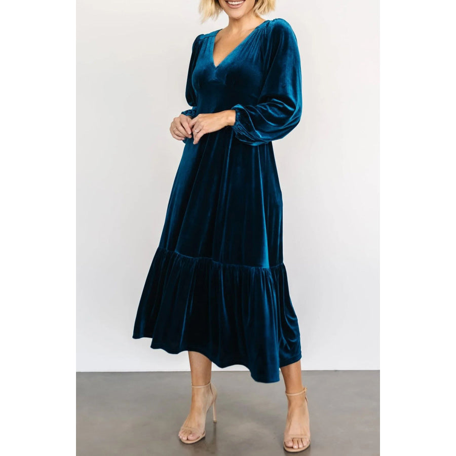 V-Neck Long Sleeve Midi Velvet Dress Apparel and Accessories