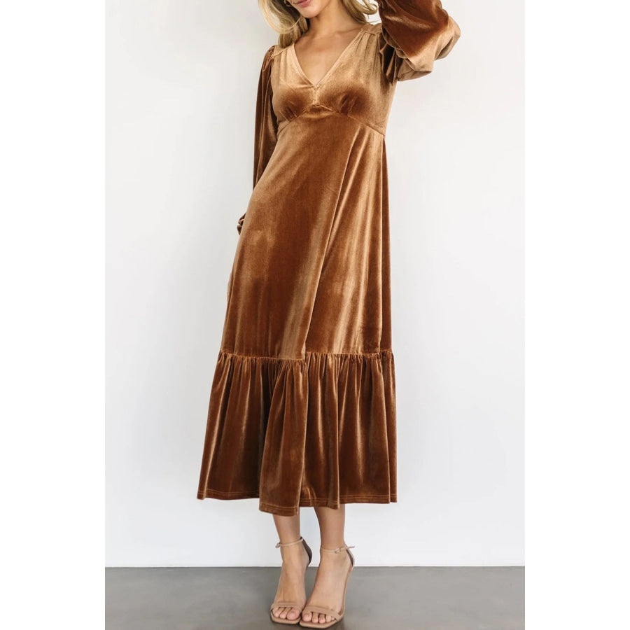 V-Neck Long Sleeve Midi Velvet Dress Apparel and Accessories