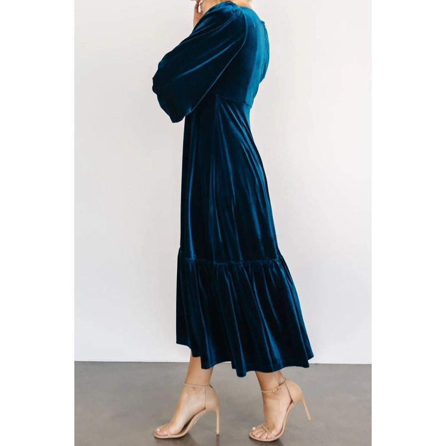 V-Neck Long Sleeve Midi Velvet Dress Apparel and Accessories