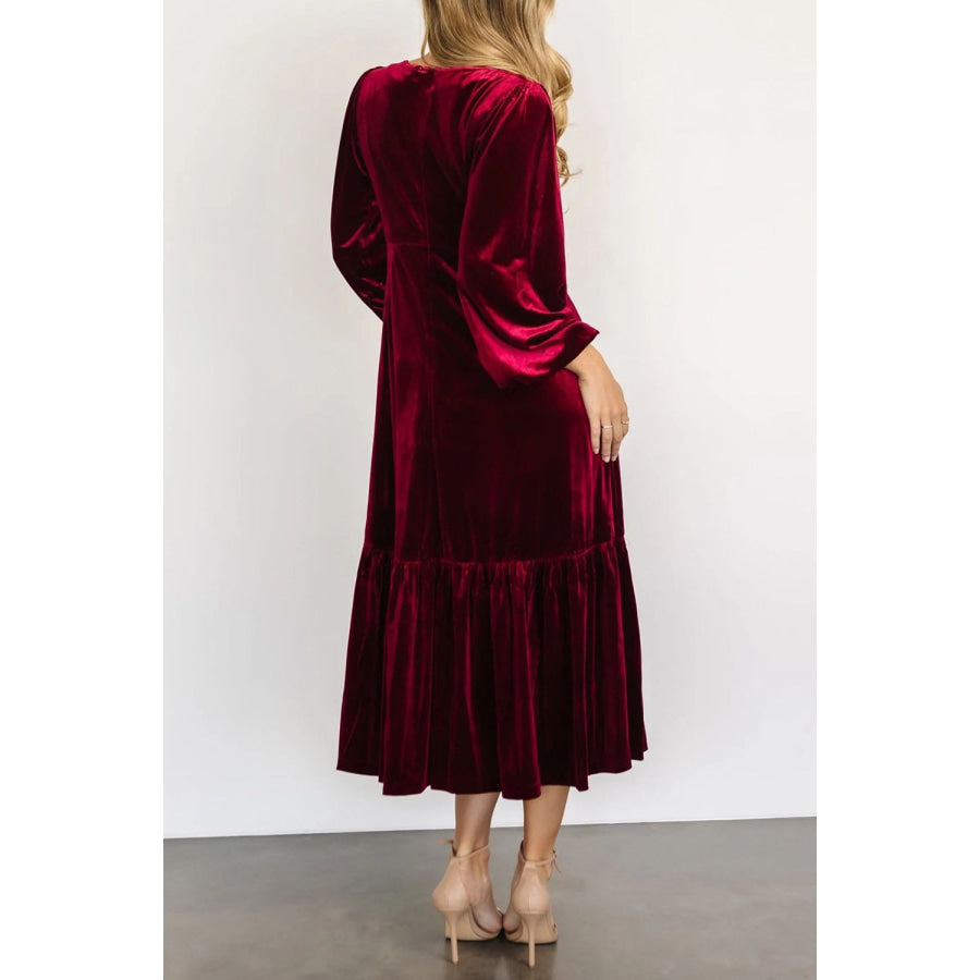 V-Neck Long Sleeve Midi Velvet Dress Apparel and Accessories